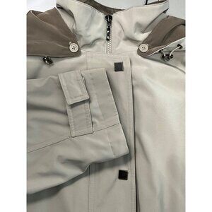 Women's Liz Claiborne Large Beige Hooded Polyester Coat Plaid Lining & Button Ac